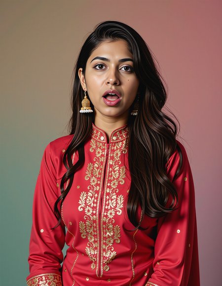 headshot photo of de51 medium woman, thin waist with hourglass figure, hyper realistic candid photo, mouth open in surprise,studio quality, wearing intricate conservative turtleneck Crimson Mekhela Chador (Assamese traditional attire), curls, pastel shaded multicolored background, cinematic lighting,  <lora:Desi_Coffee_Flux_Kohya_LoRA_v3:0.8>âââ
