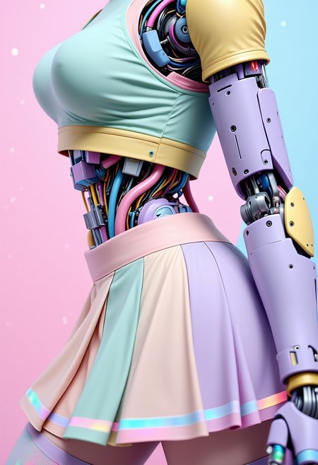 ajpasbot. A photorealistic 3D render showing a detailed close-up of a feminine robot's back featuring a curvaceous form wearing a short pleated skirt and thigh-high stockings. Her exposed mechanical spine consists of intricately connected pastel-colored components - baby blue vertebrae, rose quartz hydraulic pistons, and lilac joint mechanisms visible through transparent panels. The exoskeleton features color-blocked sections in mint green, powder pink, and pale yellow, with delicate seams and intricate mechanical details. Exposed circuitry glows with holographic rainbow highlights between armor plates. Her shoulder blades are elegant mechanical structures with prismatic reflections. The short skirt fabric flows with a metallic sheen, while sheer holographic thigh-high stockings with pastel trim hug her mechanical legs, revealing glimpses of the complex mechanical structure beneath. The stockings feature intricate geometric patterns that glow with rainbow iridescence. The composition is set against a gradient background of cotton candy pink to powder blue with pop art dots. Artificial directional lighting emphasizes the detailed mechanical anatomy and creates playful reflections across the pastel surfaces. Shot in extreme close-up, focusing on the intricate details of her mechanical back structure and legs.
