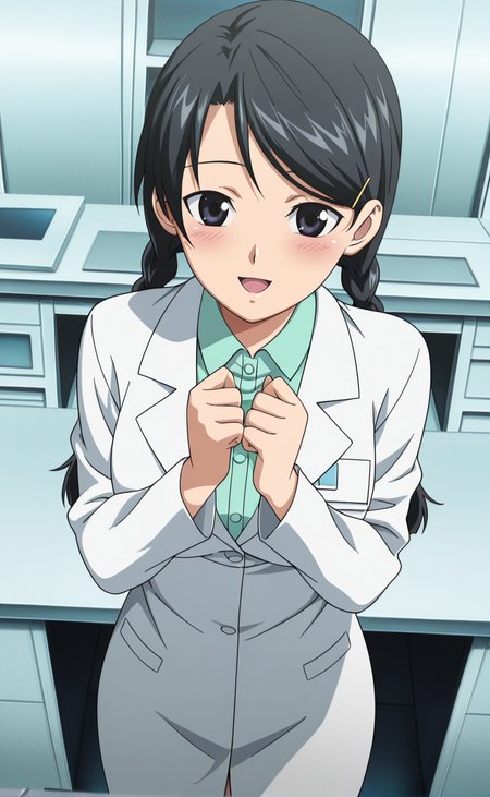 1girl,e1fnsa1t0,anime coloring,solo,twin braids,black hair,(black eyes:0.8),   ,medium breasts,hairpin,lab coat,indoors,lab,smile ,cowboy shot   ,,from above ,,open mouth ,blush,, ,looking at viewer,best quality,masterpiece,sensitive, <lora:elfenliedsaitoNoobAI:1>