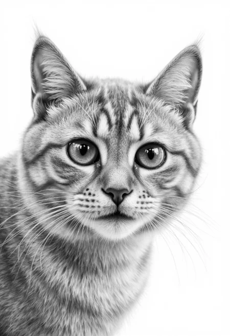 photorealistic black and white pencil drawing of a happy cat, detailed fur, wet reflecting nose, neutral white background <lora:hyperrealism-000103:1>