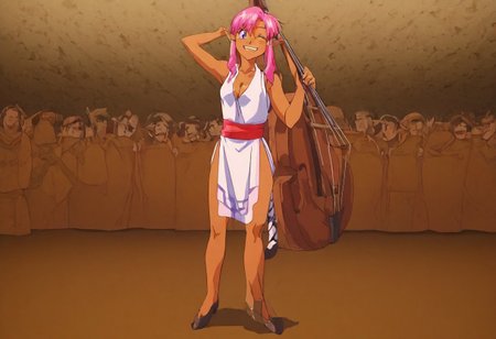Pink_DragonPink, 1girl, sleeveless dress, white tiger print dress, pelvic curtain, cleavage, white tiger tail, red sash, small breasts, leather shoes, masterpiece, very aesthetic, smiling wide, showing teeth, <lora:pink-illustrious:1>, 
Break
1boy,Anime screencap,link (zelda),blonde hair,blue eyes,pointy ears, low ponytail, sidelocks, wearing blue hyilian tunic, happily smiling
Break
On a raised medieval stage, in front of a large crowd, pink_dragonpink playing contrabass, holding a bow, doublebass, instrument, bow_(music), Link plays an ocarina