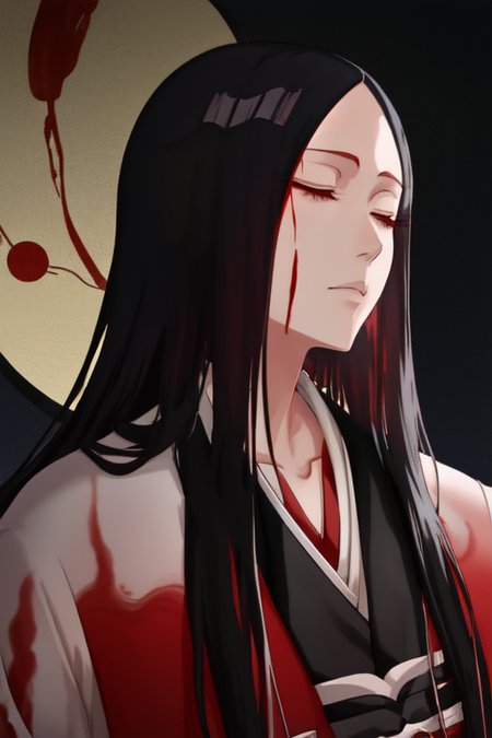 Unohana, solo, japanese clothes, closed eyes, haori, blood sky, from side, <lora:unohanaYachiruBleach_v09:0.85>