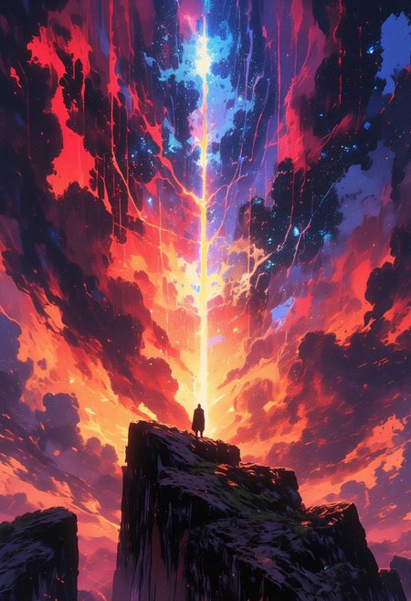 A lone figure stands atop a jagged cliff, silhouetted against a vast, celestial storm of swirling, colorful nebulae. Towering clouds in fiery hues of crimson, orange, and deep blue merge with star-filled voids, creating a mesmerizing vortex of cosmic chaos. Glowing stars and streaks of light pierce through the clouds, casting an otherworldly glow across the landscape.
The figure appears small yet resolute, gazing upwards as the ethereal storm forms a luminous pathway, leading into infinity. The scene is vibrant, dramatic, and awe-inspiring, blending surreal fantasy with cosmic grandeur.