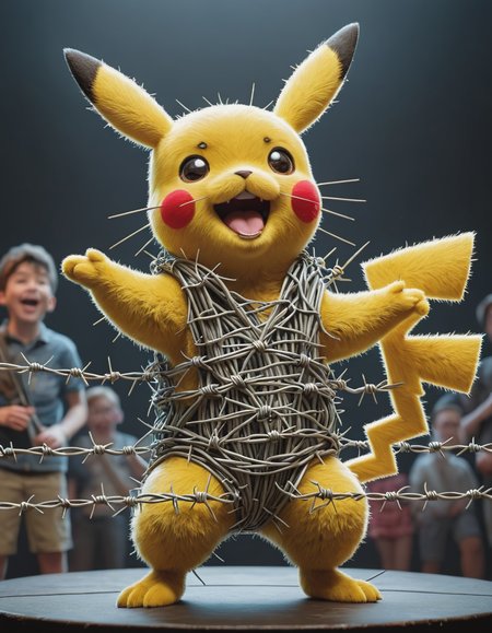 A delightful image of Pikachu, wearing ral-barbwire, this adorable creature performing on stage for an audience filled with laughter and joy while showcasing its unique personality in this whimsical setting, <lora:ral-barbwire:0.7>