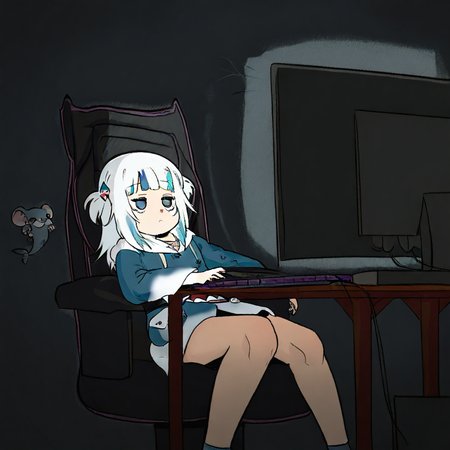 imagine, 1girl, gawr gura, jitome, feet out of frame, looking ahead, monitor, keyboard (computer), mouse (computer), gaming chair, desk, dark background, dim lighting, sitting, on chair,