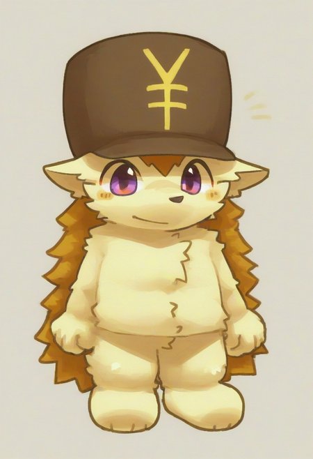 score_9, score_8_up, score_7_up, score_6_up, furry, conswayo_, cute style, cute, 2d, simple background, solo, kemono, hedgehog, hat with yen sign, male, full body, solo, male focus