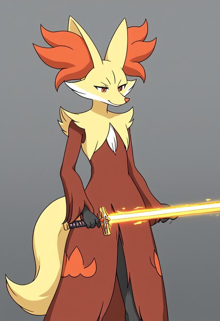 1boy Delphox Holding Plasma Sword, yellow Plasma Sword