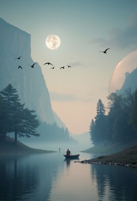 This image is a hyper-realistic cinematic photogrpah featuring a stylized landscape scene. The photo is divided vertically into three sections. The left section is dominated by a calm lake with a small boat and a monk standing in it, the lake reflects the surrounding scenery, the shores of the lake disappear into thick fog. The middle section showcases a moon, positioned near the top of the image, creating a dramatic contrast with the sky above. A flock of birds is depicted flying towards the moon, adding a sense of movement and depth. The right section features a large transparent sphere. <lora:Dark_side_of_light:0.55>