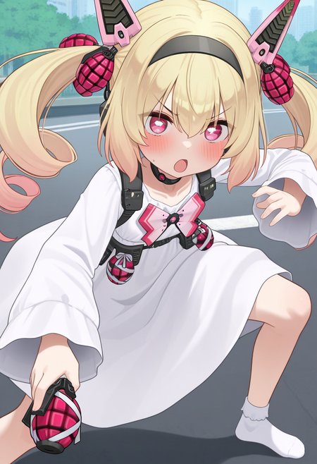 ikinone_tomeru, blonde hair, twintails, hairband, multicolored hair, black hairband, hair ribbon, pink eyes, long hair, gradient hair, headgear, hair between eyes ,drill hair, mechanical ears, white square pupils,
choker, white dress,ong sleeves, grenade, bow, ribbon, official alternate costume, white socks, no shoes,
holding pink weapon,
<lora:ikinone_tomeru_Illustrious-XL_2.0_v1:1>,, IllusP0s,masterpiece, best quality, amazing quality, very aesthetic, absurdres, newest
solo,1girl,, standing, (dynamic pose,fighting stance), open mouth, blush, v-shaped eyebrows, 
looking at viewer,(upper body, close-up),
(outdoors, )