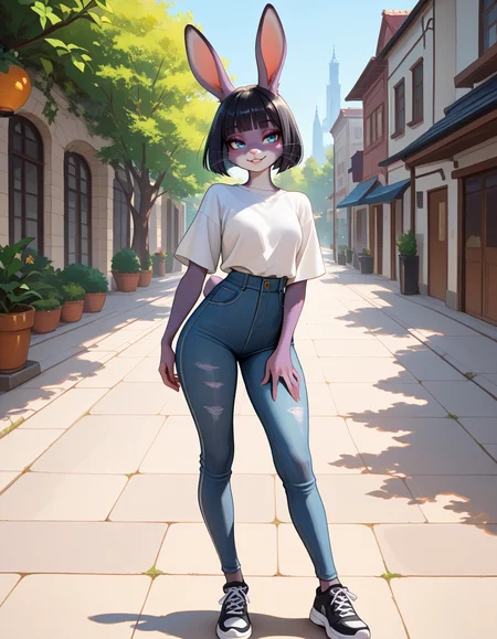 masterpiece, best quality, very aesthetic, absurdres,
outdoors, casual, 
full body,standing, posing, 
 seductive smile, parted lips, long eyelashes,
m4rl3nn3,1girl,solo,furry,furry female,rabbit girl,black hair,short hair,blunt bangs,bob cut,rabbit ears,blue eyes,animal nose,whiskers,body fur,purple fur,rabbit tail,