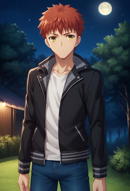 score_9, score_8_up, score_7_up, source_anime, highly detailed, 
shirouemiya, 1boy, male focus, solo, upper body, pants, jeans, jacket, black jacket,  denim, shirt,
tachi-e, looking at viewer, red hair, yellow eyes, white shirt, blue pants,
outdoor, trees, night, moon,