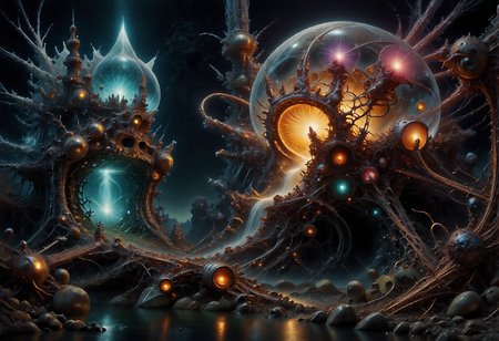 This is a highly detailed fractalex digital painting in a gothic style a compelling use of (snellâs law) how light travels through the lenses of spheres creating a gateway to other dimensions through an Electrified spectrum of fractal separation into multidimensional gateways with views of spiral galaxy, before entering a newdimension. precise fractal design, flowing curves, precision, colorful fractal geometry, harmonic interference, dismrt style, realism, detailed digital illustration, photo manipulation, altered realities, digital artistry, striking visuals, chiroscuro lighting, masterpiece, best quality, highres, high detail, sharp focus, detailed background, light reflection, photo-realistic,  <lora:Epic_gorgeous_Details-flux.1:0.5> <lora:Amazing_scenery_v1:1> <lora:P-Mystic-Fusion_v10:0> <lora:flux.1_lora_surreal-tones_v1:0> <lora:RealisticDigitalPainting-flux:0.6> <lora:Electrified_Flux_v1:1> <lora:Dorota_Pietrowiak-Flux:0.3> <lora:best_of_flux_v30_rank64_bf16-step01750:0.65> <lora:ral-frctlgmtry_flux:0.65> <lora:fractalex:0.5441650390625> <lora:-_Flux1_-_vanta_black_V2.0:1>