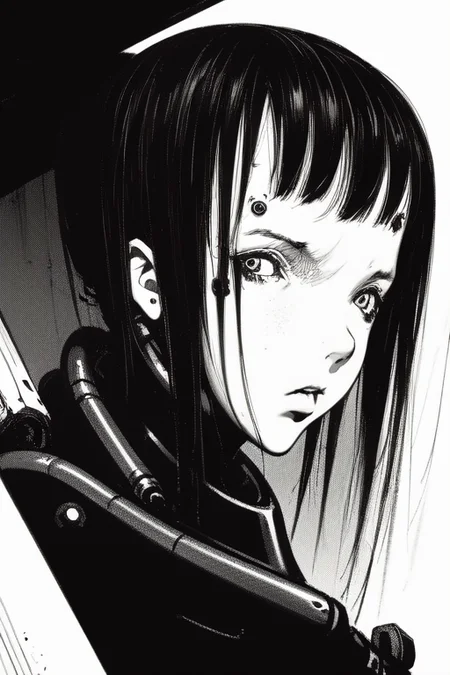 <lora:blame5:1>, cyborg girl portrait, dim light, ((heavy black and white))