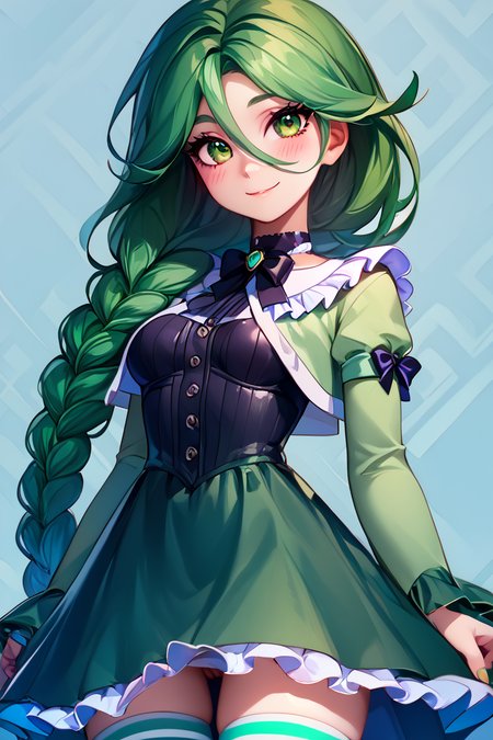 score_9, score_8_up, score_8, medium breasts, (curvy), cute, eyelashes,       BREAK, , <lora:CherylPokemonPDXL-000009:0.8>, zzCheryl, green eyes, single braid, hair over shoulder, green jacket, long dress,, BREAK, closed mouth, alternate costume, smile, looking at viewer, blush,  zzLFashion, frilled dress, frills, bow, dress, striped thighhighs, sweetL, cowboy shot,  embedding:zPDXL, Expressiveh,  <lora:Vivid:0.7>,  <lora:LFashionPDXL:1>,  <lora:Uncensored_PonyXL_cpt_v02.09:0.4>,  <lora:Expressive_H-000001:0.4>,