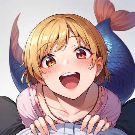 score_9, score_8, score_7, source_anime, mermaid, POV, looking at viewer, blush, smile, open mouth, upper teeth only