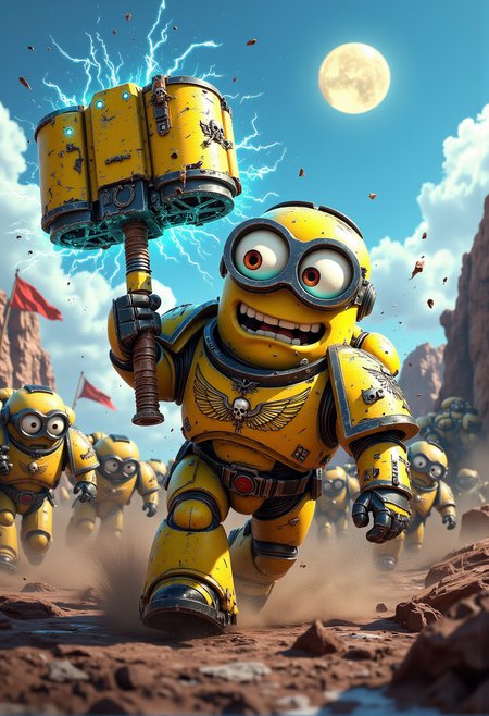 space marine. A fierce but tiny Minion dressed in battle-worn Space Marine armor, chipped but proudly showing Minion insignia and banana-themed purity seals. The Minion is without a helmet (no helmet:2.0), showcasing their iconic Minion goggles, expressive eyes, and wide smile. The Minion is wielding a power hammer humorously shaped like a giant banana, crackling with blue energy. The Minion is depicted in a scene such as: charging across a battlefield, goggles gleaming in the sun, with other Minions charging alongside in various formations. The Minion's expression is comically angry, furrowed brows and a smirk. The scene should be depicted in a colorful but gritty Warhammer 40k style, with bright yellows and blues to emphasize the Minionsâ classic color scheme. The armor and weapons are detailed with ornate designs, but humor is maintained through Minion-themed accessories and comical touches. Witty details include: a small Minion carrying an oversized banner, visibly struggling to keep it upright. Background elements should resemble classic Warhammer 40k settings but with a humorous Minion twist, such as: a moon in the sky shaped like a banana, casting a surreal but unmistakably funny glow over the battlefield. , <lora:sm2.safetensors:1.0:1.0>