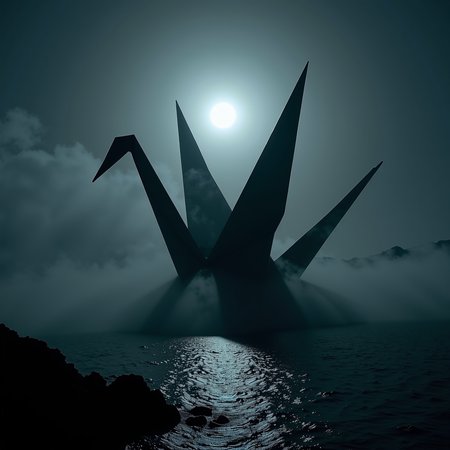 Chiaroscuro Lighting Style, LowKeyLights_v2, On a dim, ominous moonlit night, a gigantic origami crane looms over the nearshore waters of the Scottish Highlands. Partially covered in shadows and shrouded in swirling mist that rises eerily from the sea, the craneâs presence is unsettling, evoking a sense of unease and dread. The faint, dull glow of the moon casts a pale light, subtly outlining the sharp, angular lines of the paper crane, making it appear both ghostly and formidable. The mist wraps around the crane, obscuring parts of its form, as if the creature is emerging from or retreating into the darkness. The scene is heavy with an ominous atmosphere, where the stillness of the night and the hidden details within the fog amplify the terror of the unknown  <lora:Chiaroscuro Lighting Style v1:1>  <lora:low-key_lights_v2:0.3>