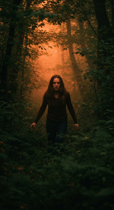 cinematic, woman in the woods, found footage, shadow play, goerz hypergon 6.5mm f/8, light orange and dark green
