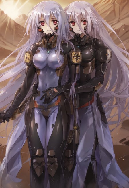 safe_pos, (score_9:0.9),score_8_up,score_7_up,rating_safe,anime style,(zPDXL),(zPDXL3),<lora:The Iris Swordsoul ponyXL v1.1:0.76>,purple eyes,light purple hair,fleurdelis, the iris swordsoul, 2girl, double, smile, closed mouth,  smile, 
schwarzesmarkenfortifiedsuit, pilot suit, impossible bodysuit,red eyes,,desert,schwarzesmarkenfortifiedsuit, pilot suit, impossible black bodysuit, whole body, Sexy Pause, 