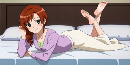 score_9, score_8_up, score_7_up, source_anime, rating_safe, intricate details, anime screencap, official style, anime coloring, solo, 1girl, <lora:Sarah_Damon:1>, sarah, cherry auburn hair, green eyes, drill hair, hair over shoulder, lavender shirt, white skirt, collarbone, long skirt, barefeet, looking at viewer, smile, indoor, lying on bed, blush, full body, on stomach