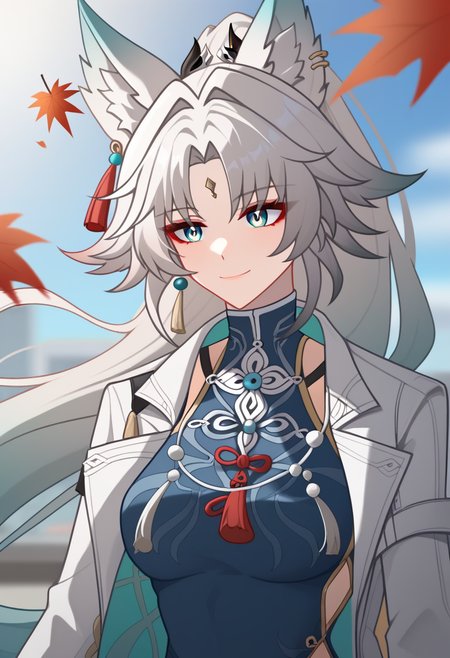 <lora:feixiao:1>,looking_to_the_side, white_coat, red_eyeliner, outdoors, collared_coat, falling_leaves, light_smile, standing, 1girl, feixiao_\(honkai:_star_rail\), chinese_clothes, absurdres, open_coat, closed_mouth, earrings, chinese_commentary, white_background, forehead_jewel, hair_flowing_over, highres, solo