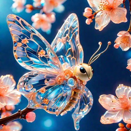 close up shot from the side, 85mm lens, a beautiful intricate mechanical clockwork butterfly, it should have bright beautiful vibrant colors,  it is standing on a branch of a cherry tree next to it is a blossoming cherry bud. avoid multiple butterfly's, deep blue background <lora:SDXLFaeTastic2400:1> <lora:lora:1>