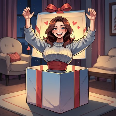 score_9, score_8_up, score_7_up, score_6_up, score_5_up, score_4_up, zPDXL2,source_anime,rating_questionable,   indoors, 1girl, looking at viewer, half-lidded eyes, wearing gift wrap, hearts, Yor Forger      <lora:Present_Box:0.8> pr3s3nt, gift box, looking at viewer, in container, waist up, night time, arms up, excited, happy, cheering