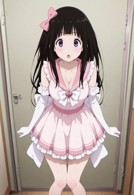 soft_skin,shiny_skin,,,masterpiece,extremely detailed,best quality,amazing quality,newest,absurdres,highres, 1girl , solo, eru chitanda, chitanda eru, long hair, black hair, bangs, blunt bangs, purple eyes, hair_bow, pale pink short dress, pink_sailor_collar,  cleavage, sleeveless, frilled_sleeves, elbow gloves,  heartbrooch, huge white back bow reaching knees , pink_miniskirt,  petticoat,, open mouth, knees together feet apart,standing, ,arms_at_sides