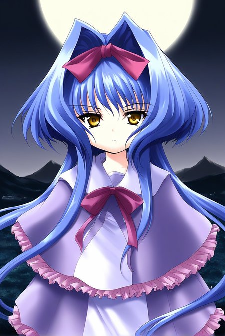 score_9, score_8_up, score_7_up, source_anime, rating_explicit, BREAK  <lora:Shion_IES_Ver2.0_XL:1> Shion_IES, very long hair, blue hair, hair bow, hair intakes, brown eyes, short stack,
 solo, bow, upper body, capelet, frills, yellow eyes, hair ribbon, looking at viewer,
serious face,
full moon, night, scenery, sky, outdoors, night sky, mountain, nature