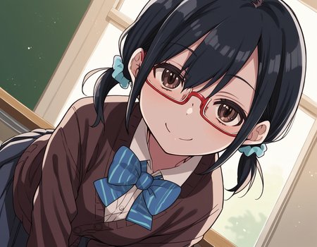 score_9, score_8_up, score_7_up, source_anime,
shihosayama, <lora:shiho-sayama-manga-ponyxl-lora-nochekaiser:1>,
shiho sayama, black hair, brown eyes, glasses, twintails, short hair, scrunchie, hair scrunchie, red-framed eyewear,
skirt, shirt, long sleeves, bow, school uniform, pleated skirt, shoes, socks, bowtie, blue bow, cardigan,
indoors, classroom, bent over, smile,
looking at viewer, solo, cowboy shot, dutch angle,