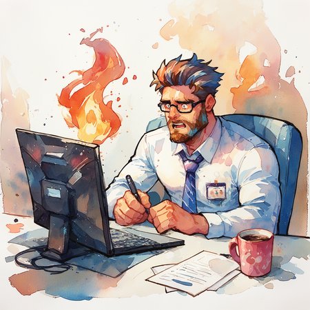 an office man, shocked, sitting at a computer, computer on fire, beard, coffee mug, glasses,
 <lora:ArsMJStylePony_-_Watercolor:1> watercolor,, score_up_9, score_up_8, score_up_7,