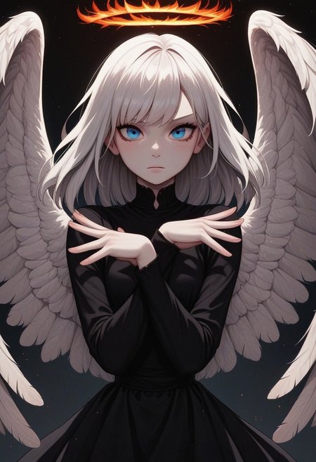 masterpiece, best quality, amazing quality, p0nyd1sney1ncasev1x0n2:1.5, 1girl, 25 years old, perfect face, 
blue eyes, 
white hair, white skin, 
black dress, 
angel wings, white wings, feathered wings, 
x arms, 
fire