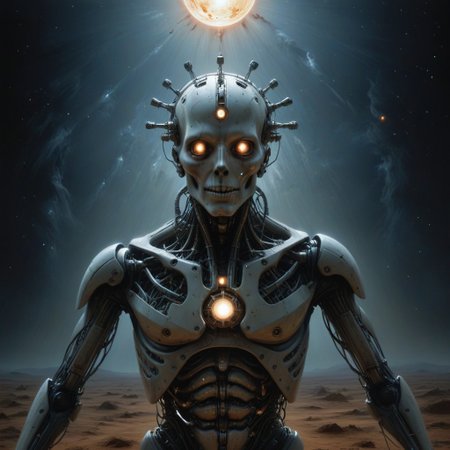 a painting that captures the essence of a poem: 
(star fields where machine souls rust under the last of Betelgeuse's light,  
it will go nova soon,
Veni, vidi, vici; 
When heaviest is the crown of the ghost of a god, will you come out to play; 
Use caution when dealing with the fallible tenets of aegis' rimwalkers; 
Cyborg religious sects turned loose with the coming of the new dawn, 
their prophecies hastily carved into silicon;
Do not despair o' voidwalker, for what happens in the dark is destined to come to light, both now and forever more...), 
Andrei Tarkovsky Style page,detailxl,