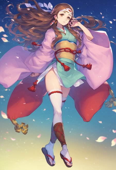 score_9, score_8_up, score_7_up, score_6_up, source anime, feh_seoreh_pnxl, fire emblem heroes, hana, 1girl, long hair, solo, brown hair, brown eyes, sandals, earrings, thighhighs, headband, shiny hair, jewelry, sash, japanese clothes ,whorled clouds, night sky, dappled moonlight, depth of field
<lora:fire_emblem_heroes_pony:1>
