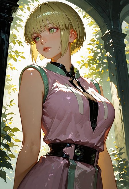 1girl, genderswap \(mtf\), genderswap, solo,  
1girl, solo, female focus, shalnark_ryuseih, blonde hair, green eyes, short hair, bangs, medium breasts,
masterpiece, best quality, amazing quality,
shalnark_ryuseih,  shalnark ryuseih,
<lora:Detailer_NoobAI_Incrs_v1:0.75>, masterwork, masterpiece, best quality, dynamic lighting , dynamic pose,,  dynamic angle, , ,  (lineless:1.2), detailed, depth of field, dynamic lighting, blurry, (cheekbones:0.85), (realistic:1.2)
adult, aged up,, ultra-HD, cinematic lighting, photorealistic, (impressionism:1.5), high detail  ,masterpiece, best quality, very aesthetic, 8k, perfect eyes