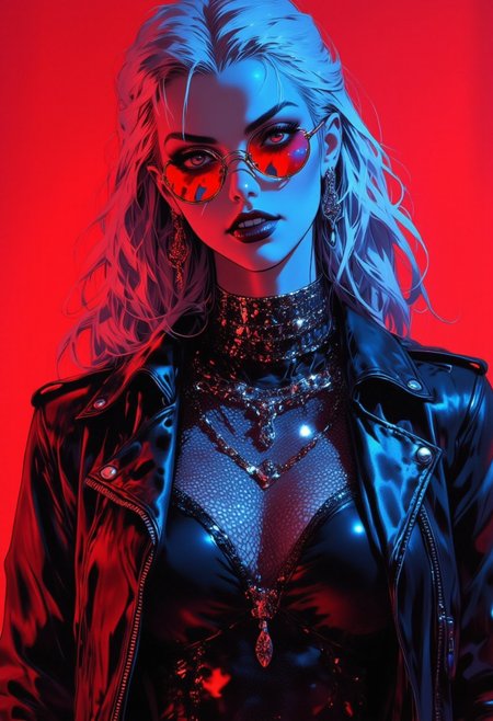 petite, human vampire, fangs, mesh dress, leather jacket, vampire fangs, long wavy blonde hair, round red mirrored sunglasses, evil, seductive, punk, powerful, night time, darkness, dim light, choker, dark make up, beautiful face, simple background, red background, noir style high contrast two color lighting, neon red directional light, blue contrast light, <lora:FluxF4ngs:0.6> fangs, evil grin