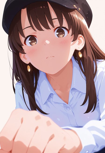 blushing, asian girl, small head, pretty girl, korean girl,

,Dynamic angle, Dynamic pose, realistic, Nswf, portrait,
 zPDXL3, detailxl,  Score_PnyReal, (lineless:1.5) , 
8K, best quality,masterpiece,amazing quality,ultra-detailed,delicate illustration, best shadows, very detailed, scenery, depth of field, volumetric,  cinematic perspective, hyper-realistic, masterpiece, best quality, amazing quality, highly detailed, very aesthetic, newest , half close-up, sexy pose
 
, simple background, , facing viewer, looking at viewer, leaning forward, close-up, from above, upturned eyes, close-up,portrait, Colorful themes,High Saturation, no lineart,no outline,, 

1girl, m3gum1kat0, bangs, brown hair,pupils,brown eyes, collared shirt, earrings, hat, long hair, looking at viewer, portrait,  shirt, solo, white shirt, medium breasts