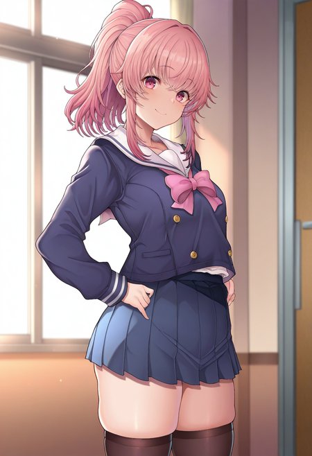masterpiece, best quality,
 <lora:Tawara_Hiryuu:1> T4w4r4H1ry00,  1girl, solo,standing,looking at viewer, happy, closed mouth,pink hair, ponytail, pink eyes,school uniform, bow, long sleeves, skirt, skindentation, thighhighs,