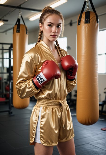 (medium full shot) of (athletic boxer) young woman, philippine, fair skin, light brown eyes, petite build, extra long ginger double braids hair,  wearing gold boxing robe, boxing shorts, athletic sneakers, boxing gloves, sweatband, set in  boxing gym, heavy bags, speed bags, free weights, workout benches, mirrors along the walls, boxing ring in the center, motivational posters, lot of people, woman smiling, Masterpiece,best quality, photo, realistic, very aesthetic, detailed face,