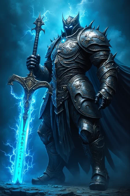 A powerful, menacing knight clad in dark, spiked armor stands confidently, surrounded by an ethereal blue glow. His helmet obscures his face, leaving only glowing blue eyes visible. He holds a massive, radiant sword that emits an intense blue light, matching the electrical energy crackling around him. The scene is set in a mysterious, misty environment, with dark clouds swirling ominously in the background, giving the image a dramatic and otherworldly atmosphere. Ultra-realistic, hyper-detailed, fantasy, cinematic lighting, perfect composition, high contrast.

A masterpiece of craftsmanship, this armor is forged from gleaming, otherworldly metals that shimmer in a spectrum of colors under the light. The plates are intricately engraved with ancient, mystic runes that pulse with a faint, ethereal glow, hinting at the powerful enchantments woven into its very essence. The armor's design is both elegant and formidable, with interlocking plates that provide maximum protection without sacrificing mobility. Ornate filigree and symbols of long-lost civilizations are embedded into the pauldrons, chest plate, and gauntlets, showcasing the artisan's dedication to detail.

Diablo style. gold armor.