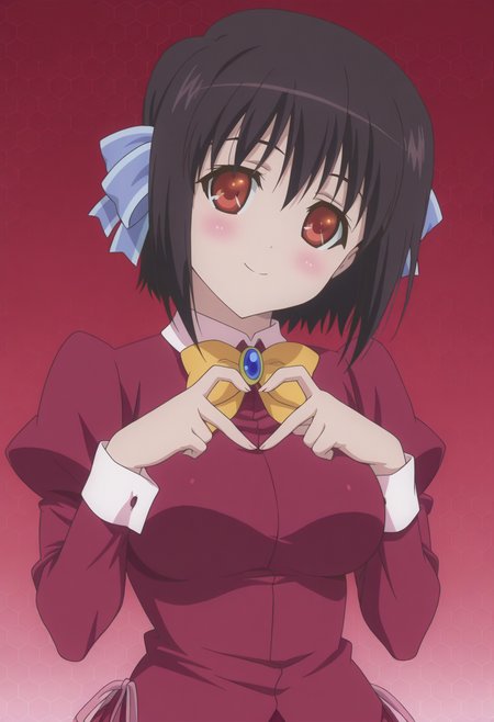 anime screencap, anime coloring, <lora:DX888Tomomi:1> saikyou tomomi, red eyes, black hair, short hair BREAK simple background, red background, (honeycomb background:1.2),  BREAK hair ribbon, school uniform, bow, brooch, puffy sleeves, long sleeves, red skirt BREAK    1girl, blush, breasts,  hands up, (head tilt:1.2), heart hands, looking at viewer, portrait, solo, upper body,  4-finger heart hands, smile