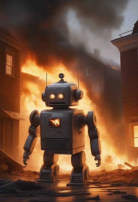 high quality, masterpiece, ultra detailed,  
a ( mini robot) stands outside a burning house, burning house, collapsed buildings, meteorite, realistc, city, ultra realistic, a monologue bubble with the text "again?"