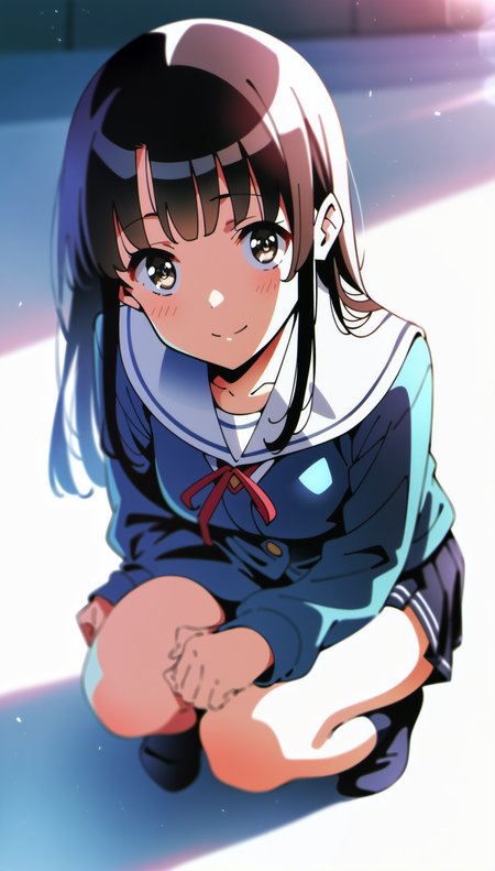 score_9,score_8_up,score_7_up,
<lora:megumikato:0.9>,
megumikato,
1girl,solo,black hair,long hair,bangs,brown eyes,pupils,looking at viewer,smile,draped navy blue jacket over the shoulders,white school shirt,long sleeves,red ribbon tie,pleated skirt,blue kneehighs,
full body,from above,face focus,
squatting,hands clasped in front of knees,
blurry background,vignetting,bloom,lens flare,light particles,
