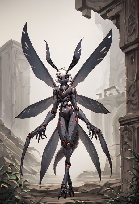 score_9, score_8_up, score_7_up, score_6_up, score_5_up, score_4_up, 
source_furry, rating_explicit, 
solo, female, 
brown and white body, fur, grey fur, fluffy, furred body,
short hair, white hair,
anthro, 
arthropod, insect, arthropod abdomen, black eyes, exoskeleton, joints
moth, lepidopteran, lepidopteran wings,
4 wings, multi wing, wings, 
2 antennae, antennae anatomy,
2 toes, toes, feet, digitigrade,
4 arms, 5 fingers, fingers, multi arm, 
smile, pose,
 ruins,
detailed background, digital art, hi res, detailed, fantasy art,
Vintage, 1990s \(style\), 90s4n1m3, retro artstyle