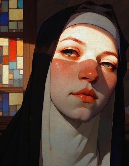 Steve McDonald Art, A highly detailed digital painting of a young nun's face, illuminated by a single ray of warm sunlight streaming through a stained glass window.  Her skin is smooth and porcelain-like, with delicate freckles scattered across her nose and cheeks.  Her eyes are deep-set and filled with a quiet wisdom, reflecting the light of the window in their depths.  Her lips are slightly parted, as if in silent prayer, and her brow is furrowed with concentration. The painting should showcase the intricate details of her habit, with its folds and textures rendered in rich, vibrant colors.  Focus on the interplay of light and shadow, creating a sense of depth and realism.
