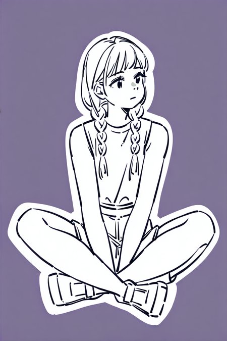 <lora:Sktchst_IL:1> sktchst, 1girl, solo, braid, sitting, white outline, monochrome, outline, purple background, simple background, shoes, long hair, bangs, indian style, twin braids, hair over shoulder, shorts, closed mouth, shirt, skirt, full body, sleeveless