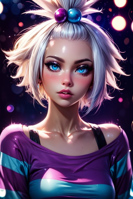 score_9, score_8_up, score_8, medium breasts, (curvy), cute, eyelashes,       BREAK, , zzRoxie, blue eyes, white hair, hair bobbles, topknot, striped dress, <lora:Roxie_Pokemon_PDXL_Citron:0.8>, , BREAK,  (ultra realistic,32k, masterpiece:1.2),(high detailed skin:1.1),( high quality:1.1), curvy, head tilt, hearts, blush, lips, curvy, head tilt, shiny clothes, (upper body), looking at viewer, bokeh, luminescent background,  embedding:zPDXL, Expressiveh,  <lora:RlAnmPDXL:1.0>,