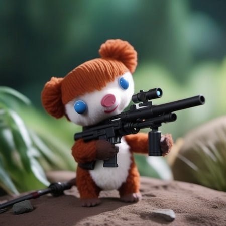 cinematic photo a stuffed animal holds a gatling gun, war, blood, jungle, helicopters <lora:Colargol1024:0.9> . 35mm photograph, film, bokeh, professional, 4k, highly detailed
