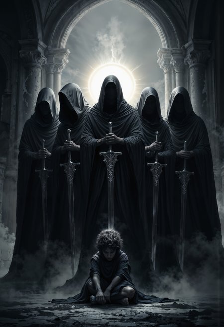 Image is a dark, atmospheric digital artwork featuring a group of five hooded figures standing in a semi-circle. Each figure is clad in long, flowing black robes, obscuring their facial features entirely. They hold large, ornate swords pointed downward, with intricate designs on the hilts. The central figure is slightly elevated, with a glowing halo-like light emanating from behind its head, creating a focal point. In the foreground, a lone figure, possibly a child, is seated on the ground, draped in tattered clothing, with curly hair visible. The background is a misty, gothic archway, adding to the ominous and mysterious ambiance. The overall color scheme is monochromatic, with shades of black, white, and gray, enhancing the eerie and somber mood of the scene. <lora:aidmaMJ6.1_v0.3:0.6> aidmaMJ6.1,  <lora:FluxMythP0rtr4itStyle:0.6> mythp0rt, <lora:ARTifacts:0.8>