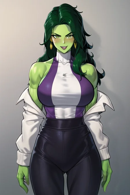 she hulk(marvel) ,1girl, bangs, bare_shoulders, blush, breasts, earrings, eyebrows_visible_through_hair, jacket, jewelry, large_breasts, looking_at_viewer,  off_shoulder, open_mouth, shirt, long hair ,green hair , green eyes,green skin, smile, solo, sweater, turtleneck, upper_body, <lora:she hulk:0.8>